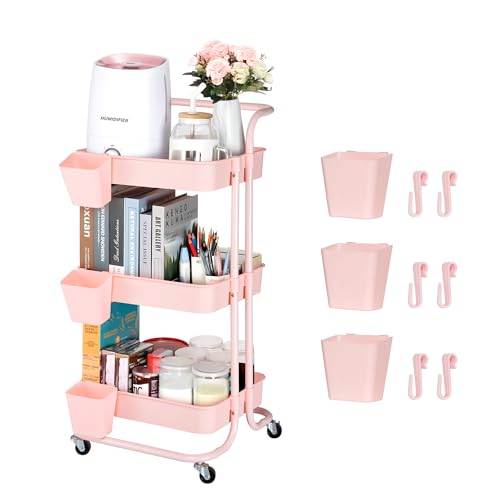 Bemece 3 Tier Rolling Storage Cart, Kitchen Rolling Utility Cart with Handle for Kitchen Bathroom...