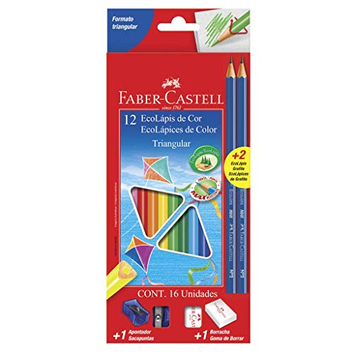 Kit Escolar Lápis de Cor Triangular + 2 Lápis Grafite Nº 2, Faber-Castell, EcoLápis, 120512+2N, 12 C