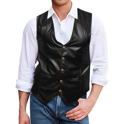 Barry.Wang Mens Leather Vests Casual Western Cowboy Vest V-neck Jacket Lightweight Waistcoat2