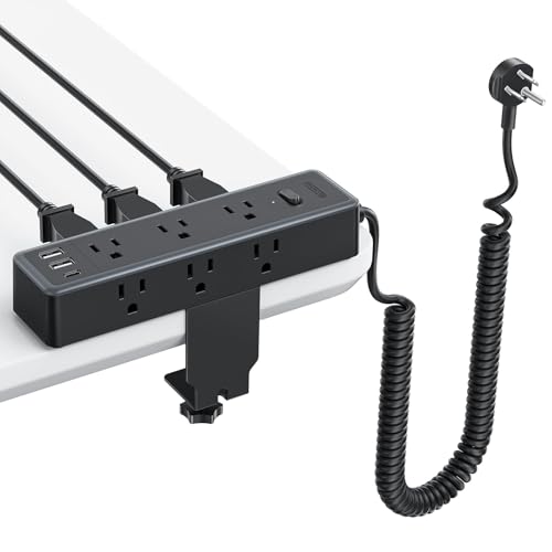 NTONPOWER Standing Desk Power Strip, 10ft Elastic Coiled Extension Cord with 9 AC Outlets 3 USB Ports, 1200J Surge Protector Edge Mount Power Strip, Standing Desk Accessories fit 2.68" Table