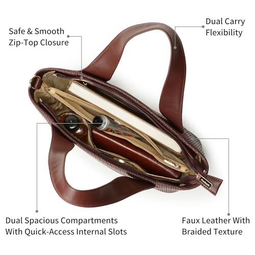 Image of Fastrack Mocha Plait Satchel | Faux-Leather Women's Handbag | Dual Carry with Braided Texture & Zipper Closure