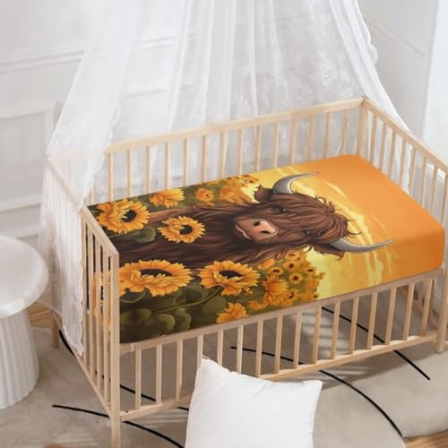 Image of Highland Cow Baby Crib Sheets Neutral Sunflower Bedding Sets for Standard Cribs Breathable Baby Sheet for Bassinet Fitted Crib Sheets Nursery Decor Boy Girls Toddlers