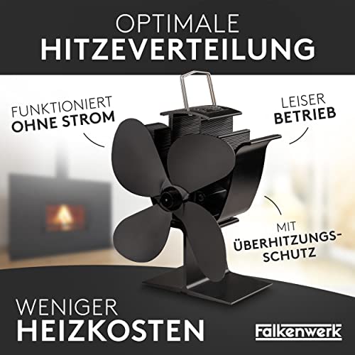 FALKENWERK Ofenventilator ohne Strom inkl. Kaminthermometer & Ofenhandschuh - Leiser Kaminventilator - Wärmebetriebener Ventilator für Kaminofen - Ofen Ventilator zur Wärmeverteilung