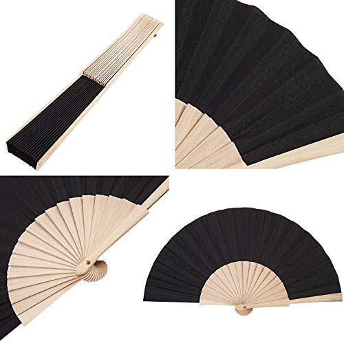 4 Pieces Wooden Folding Fan Fabric Handheld Fans Craft Decoration Fan With Drawstring Organza Bags For Men Women Girls Party Supply (Black) #TOP6