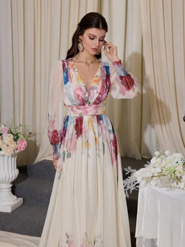 Image of TOLEEN Summer Casual Dresses for Women 2026 Spring Fashion Boho V Neck Long Sleeve Ruffle Floral Print Elegant Maxi Dress