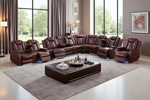 Image of Leather Power Reclining Sectional Sofa Set with LED Light,L Shaped Sofa Leather Sectional Set with 5 Recliner Seats,Modular Couch and Loveseat with USB Port,Cup Holder for Living Room Furniture