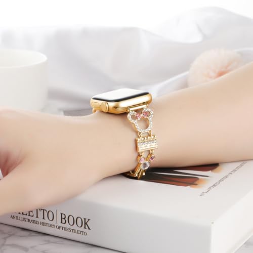 Bling Bracelet Band Compatible with Apple Watch Bands for Women 46mm 40mm 41mm 38mm 44mm 45mm 42mm 49mm, Cute Cartoon Dressy Jewelry Charm Metal Strap for iWatch Ultra 2 Series 10/9/8/7/6/5/4/3/2/1/SE (Cartoon Gold, 41/40/38/42mm-Series 10) by CYKIMJIT - Used condition - Image 5