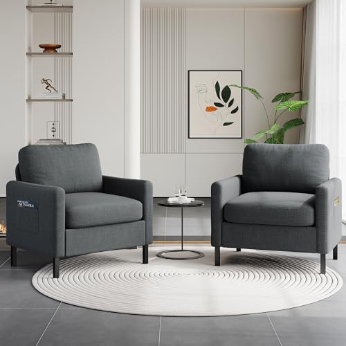 Image of STHOUYN Modern Accent Chairs Set of 2, Bedroom Chair with Side Pockets, Linen Fabric Living Room Chair, Side Arm Chairs for Apartment, Waiting Room (Dark Grey, 2pcs)