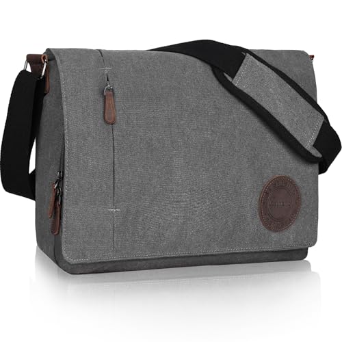 Leathario Umhängetasche Herren 15,6 Zoll, Messenger Bag aus Echtleder und Canvas, Arbeitstasche Studententasche Laptoptasche Zoll Schultertasche Kuriertasche Collegetasche Uni Studenten,Arbeit Grau