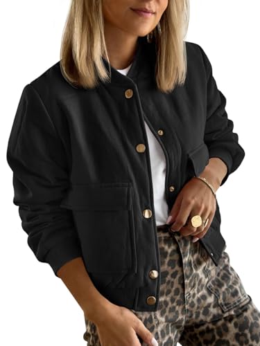 Tankaneo Womens Cropped Puffer Bomber Jacket Winter Casual Button Down Varsity Coats with Pockets
