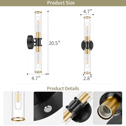 Image of Rayogale Black & Gold Wireless Battery Operated Wall Sconces with Remote | Glass Rechargeable Wall Lights Set of 2 with Timer Function Dimmable for Living Room Bedroom Emergency 3000K, 20.5 Inch