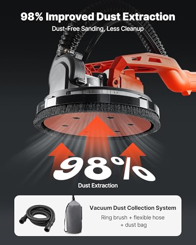 Image of VEVOR Cordless Drywall Sander, 450W Electric Sander, Popcorn Ceiling Removal Tool with Vacuum Dust Collection, 7 Variable Speed 0-1600 RPM, LED Light, Foldable & Extendable Handle, 15 Sanding Discs
