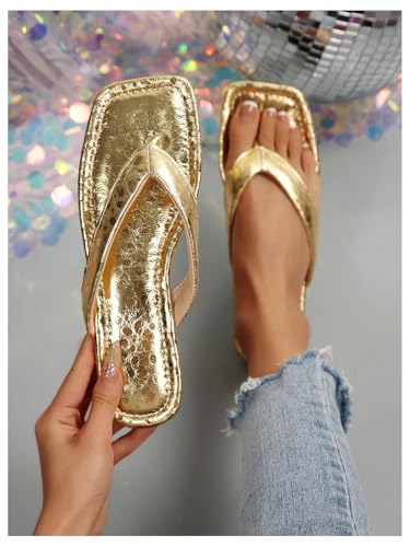 Image of GORGLITTER Women's Flip Flops Flat Sandals Dressy Metallic Square Toe Thong Vacation Summer Weeding Slides Sandals