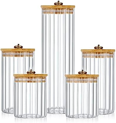 FANTESTICRYAN Glass Storage Jars Set of 5, Decorative Coffee Bar Container with Airtight Bamboo Lid Metal Ring for Home Kitchen Storing Candy, Cookie, Pasta, Nuts, Oatmeal and Bathroom Salt