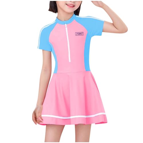 Girls One Piece Swimsuits Short Sleeve Swim Dress for Kids Hawaiian Skirted Bathing Suits Summer Swimwear for 7-14 Years