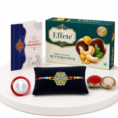 Image of DeoDap Rakhi with Chocolate for Brother - Floral Design Rakhi with Butter Scotch Chocolate 32 Gm, Tilak Set, Silver Color Pooja Coin, Greeting Card - Raksha Bandhan Combo for Bhai