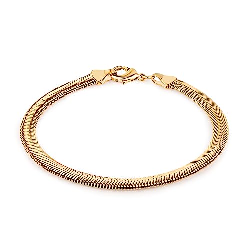 Barzel 18K Gold Plated 7mm Flat Snake Dome Herringbone Chain Link Bracelet, 7.5 Inches - Made in Brazil