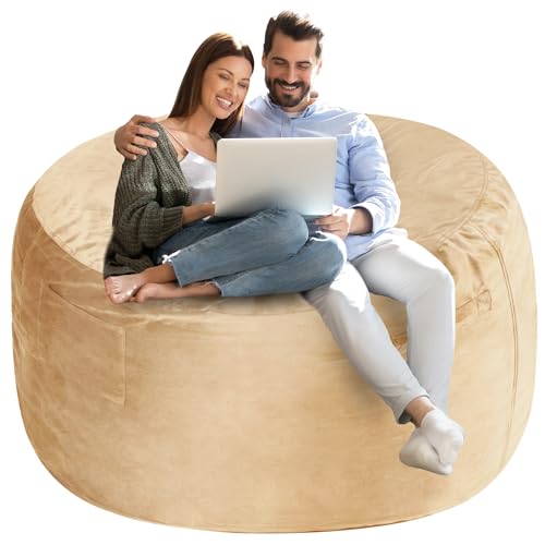 Homguava 4 FT Bean Bag Chair: 4' Bean Bags with Memory Foam Filled, Large Beanbag Chairs Soft Sofa with Dutch Velvet Cover-Khaki