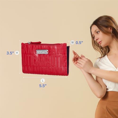 Image of Nautica High Tide Small Wallet for Women, RFID Blocking Slim Credit Card Holder with Zipper Coin Pocket, Bifold Compact Wallet with ID Window, Red Printed