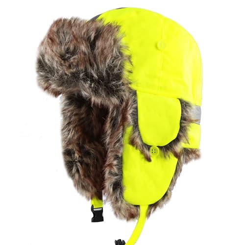 Image of Faux Fur Safety Reflective Aviator Trapper Hat Snow Ski Trooper Winter Cap