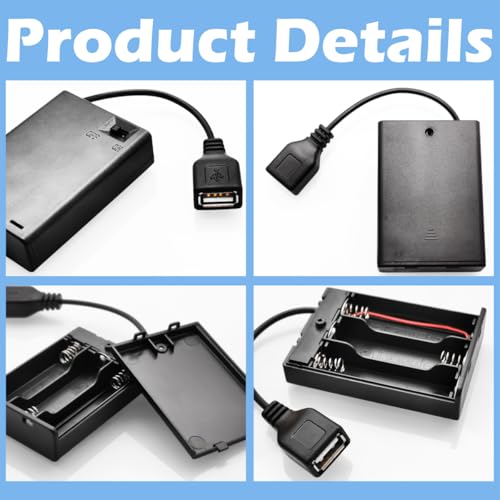 CTRICALVER 4,5V 3 AA-Batterieträger mit Schalter und Abdeckung Batterie, Batterieträgerbox mit Draht USB-Steckdose + 0,3 m USB-Stecker Kabel Set *3 Geeignet für LED-Streifen oder DIY
