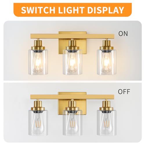 Image of 3 Light Gold Bathroom Light Fixtures, Bathroom Vanity Light Over Mirror, Gold Wall Sconce Vanity Lighting with Clear Glass Shade,Modern Farmhouse Bath Wall Lamp for Mirror Kitchen