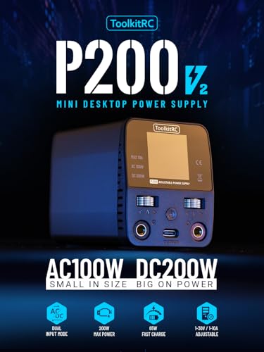 Image of NEW ToolkitRC P200 V2 Mini 30V Supply AC100W DC200W 10A GaN Adjustable Mini Desktop Power Supply USB Output 4.0mm banana female port with TypeC 65W Output fast charging