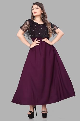 Image of Women's Poly Crepe Round Neck Plain Gown Dress