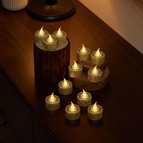 Image of FURORA LIGHTING Gold Glitter Flameless Tealights - 1.45 inch W x 1.57 inch H, 12-Pack, Batteries Included