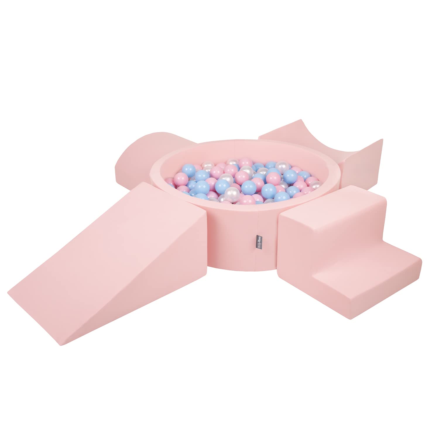 KiddyMoon Foam Playground For Kids With Round Ballpit (200 Balls ∅ 7Cm/2.75In) Soft Obstacles Course And Ball Pool, Made In The EU, Pink:Babyblue/Powder Pink/Pearl