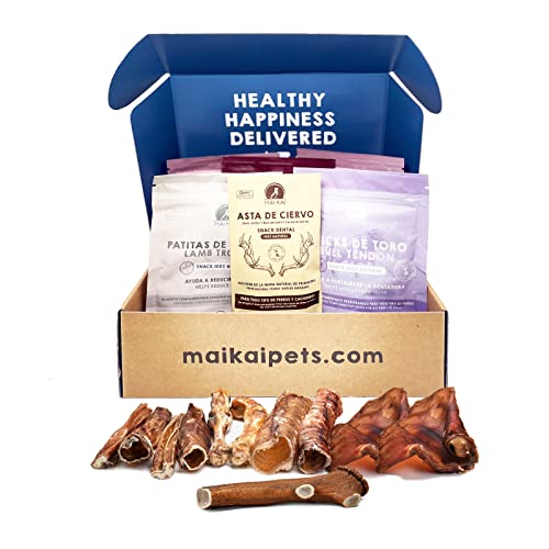 MAIKAI Caja variada Chuches Perro - Pack Mordedores Naturales Perro Grande - Caja Regalo Cumpleaños - Premios - Dieta Barf - Incluye Asta de Ciervo y Nervio de Toro Cover