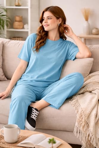 Image of Kvetoo Women Solid Tracksuit Set Cotton Lounge Wear Set Half Sleeve Polo T-Shirt & Straight Pant Casual Travel Outfit
