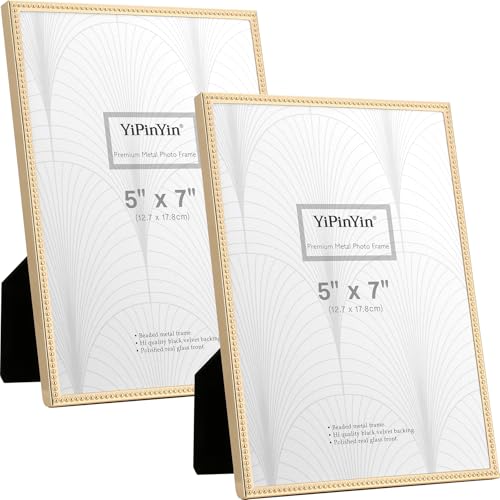 YiPinYin 5x7'' Gold Metal Picture Frames Set of 2,Elegant Beaded Metal Frames with Real Glass & Soft Premiun Velvet Backing for Wedding Photos,Home Decor & Gallery Wall
