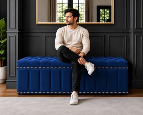 Image of Tufted Velvet Storage Ottoman Bench with Nailhead Trim (Blue) | Storage Ottoman bench