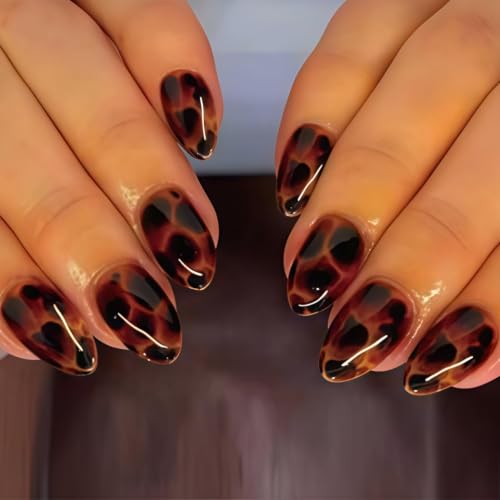 Fall Press on Nails Short Almond Fake Nails Tortoise Shell Nails Press Ons
