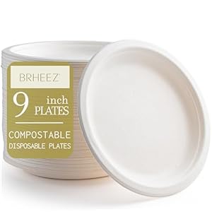 brheez 9 in. Disposable Plates Paper Plates Alternative Compostable Plates Heavy Duty [Pack of 60] Eco-Friendly 100% Natural Sugarcane Bagasse Fiber Biodegradable