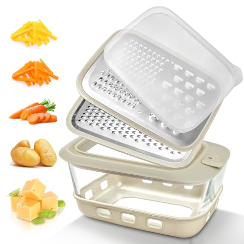 Cheese Grater with Container Glass Food Storage Box with Silicone Sleeves for Hard Parmesan Soft Cheddar Cheeses Vegetables Chocolate for Microwave Dishwasher Oven(1380ml 46oz)