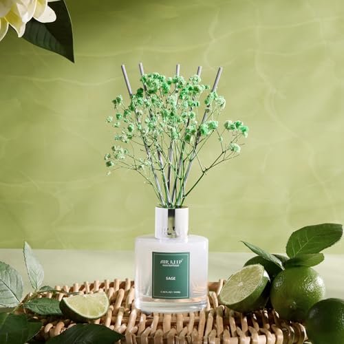 Image of Airkeep Reed Diffuser Set, 3.38 fl oz (100 ml) - Sage Lemon Oil Diffusers with 8 Reed Sticks, Home Fragrance Reed Diffuser for Bathroom Shelf Decor