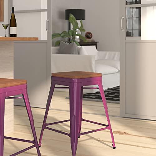 Butaco Merrick Lane Serie Dalton Alto de Mostrador - Acabado Púrpura - Asiento de Madera - Estructura Metálica con Refuerzo Cruzado - Diseño sin Respaldo - Reposapiés Integrado miniatura 4