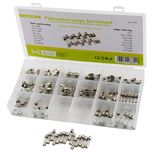 SeKi Glassicherung 160 Teile Feinsicherung 5x20 Sortiment 160-teilig 16 Typen Flink + 8X Träge 0 8A 1 25A 1 6A 2A 2 5A 3 15A 4A und 6 3A Sicherung Box