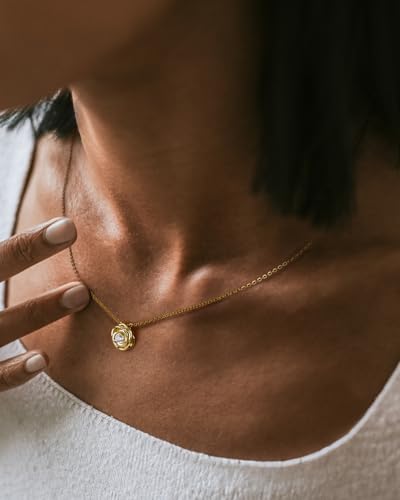 14K Gold Plated Dainty Pendant Necklace for Women: Genuine 925 Sterling Silver Rose Heart Feather Gemstone Zirconia Pendant, Boho Necklace Trendy Jewelry Birthday Gifts for Her Wife Daughter2