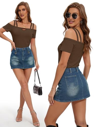 Image of Bliwov Womens Cold Shoulder Tops Short Sleeve Cute Sexy Summer Spring Beach Vacation T Shirts Fashion Outfits Basic Clothes