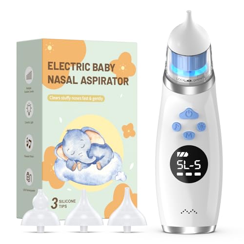 pudult Nasal Aspirator for Baby with Light and Music, Electric Babies Nose Sucker with 3 Soft Silicone Tips, 5 Levels Suction Adjustment Nose Cleaner for Kids Girl Boy Adult Pets