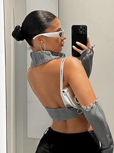 Image of GORGLITTER Women's Turtleneck Sleeveless Asymmetrical Hem Crop Sweater Vest with Arm Sleeves Grey X-Small