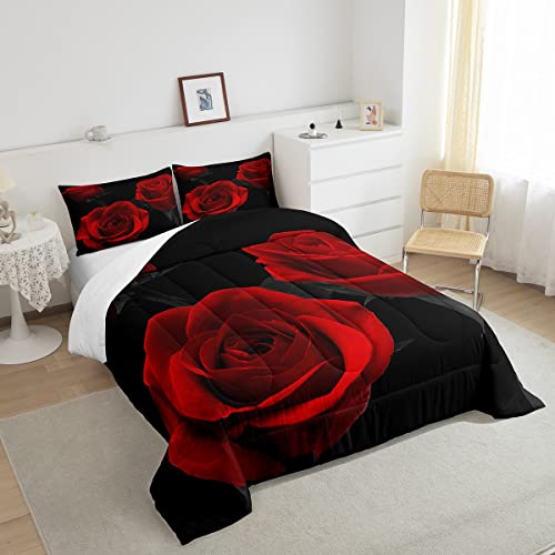 Image of Feelyou Red Roses Bedding Set Luxury Rose Floral Comforter Set for Girls Women Couple Lover Romantic Flowers Comforter Valentine's Day Duvet Set Red Black Bedroom Decor Quilt Set 3Pcs Queen Size