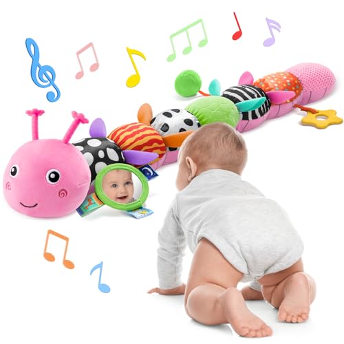 AWOTOY Baby Toys 6-12 Months Music Caterpillar Infant Toys Stuffed Animals 0-3-6 Months Teething Tummy Time Sensory Toys with Mirror Rattle&Pull String Boys Girls Shower Birthday Gifts