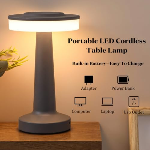 Image of Riakrum 2 Pcs LED Cordless Table Lamp Bulk Rechargeable,Gray | Portable Wireless Lamps, 3 Color Stepless Dimming, 15 Hour Battery, Touch Control, Wedding Home Restaurant Decor