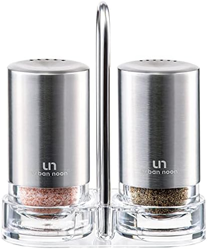 Salt and Pepper Shakers with Holder - Elegant Stainless Steel Salt Shaker and Pepper Shaker Set with Acrylic Holder for Kitchen Counter or Restaurant Table