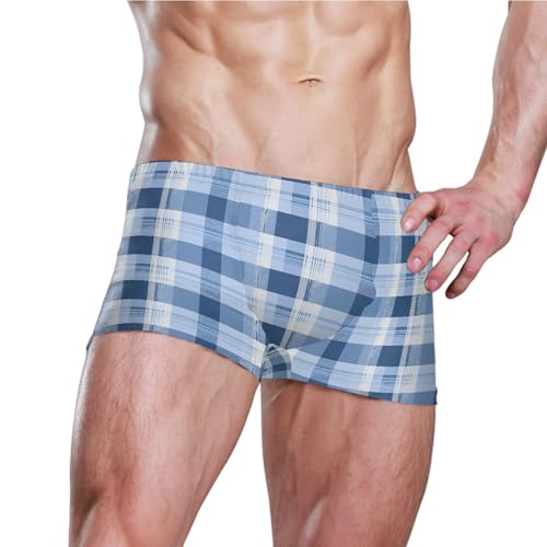 Blue Buffalo Check Plaid Mens Swim Trunk Swimwear Bathing Suit Swim Brief Square Leg Board Short S B04039463
