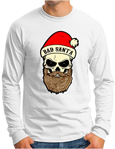 T-shirt de Noël homme OM3 idée cadeau originale motif Bad Santa manches longues blanc